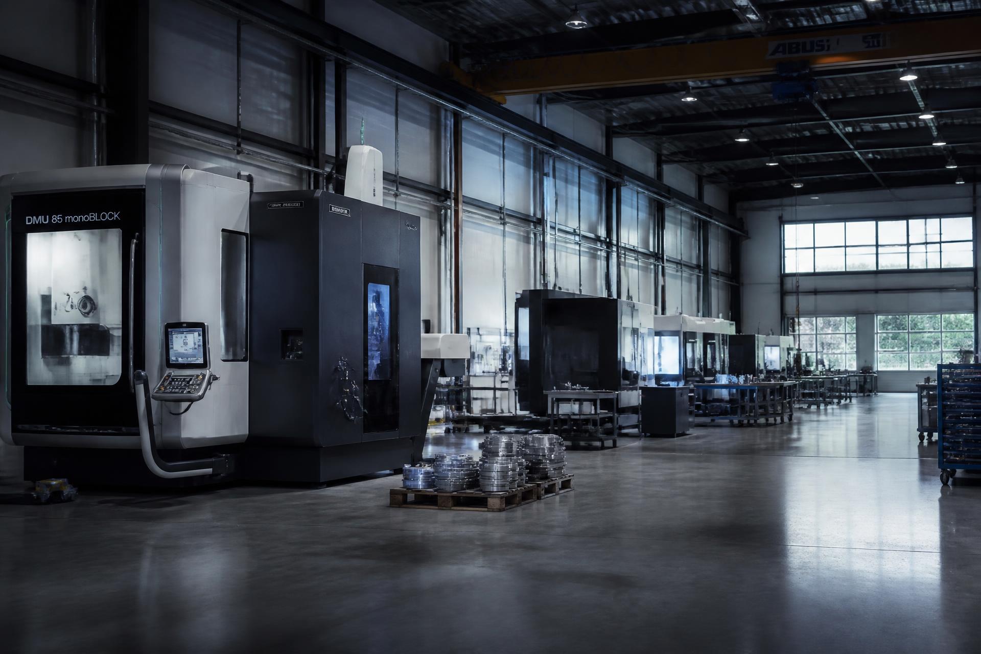 Modern manufacturing hall with precision machining equipment and daylight from high windows